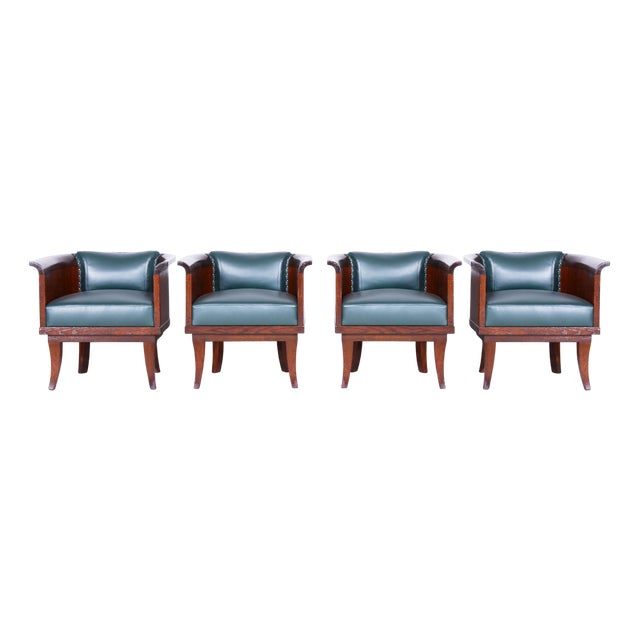 Art Deco Oak Armchairs with Leather Upholstery, 1920s, Set of 4 For Sale