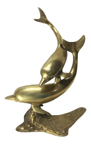 Mid 20th Century Large Brass Dolphin Pair Sculpture With Ocean Rock Base