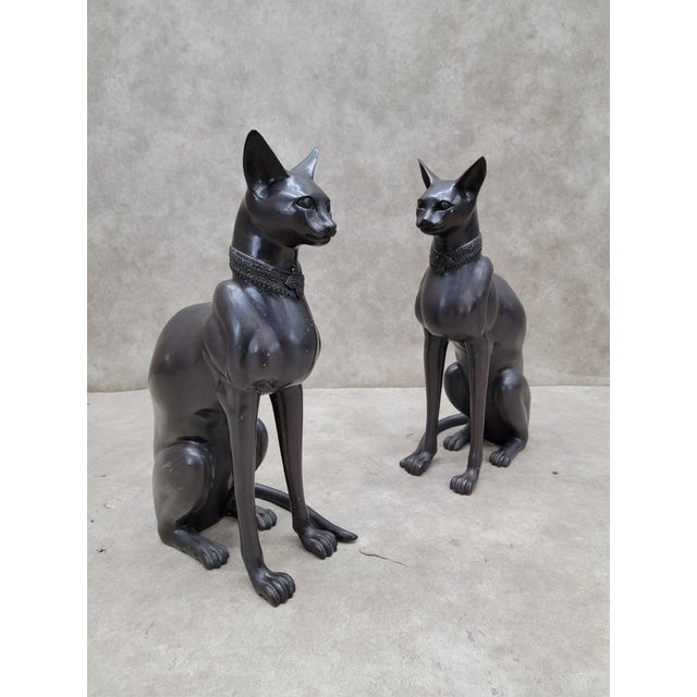 Vintage French Art Deco Style Bronze Egyptian Revival Cat Guardian Statues, Signed A. Tiot- Pair For Sale - Image 9 of 10