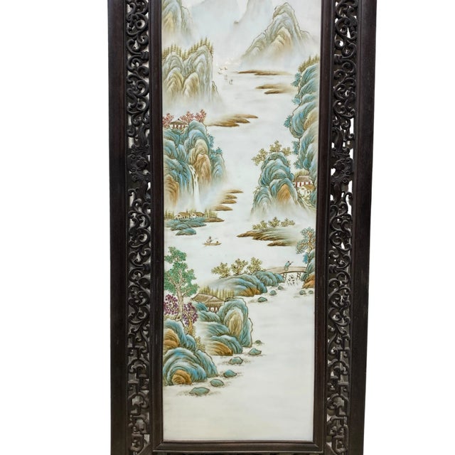 1980s Large Chinoiserie Hand Painted Famille Rose Porcelain Wall Panel 67.5" H For Sale - Image 5 of 13