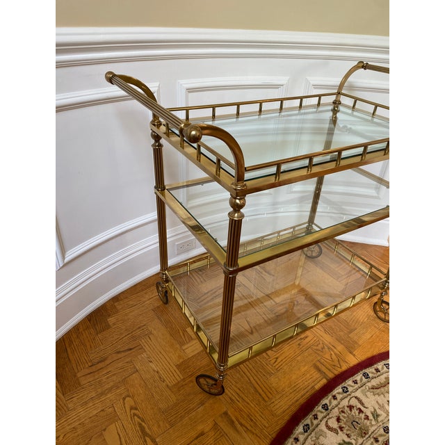 Italian Brass and Glass Three Tier Tea Bar Cart on Wheels For Sale - Image 4 of 6
