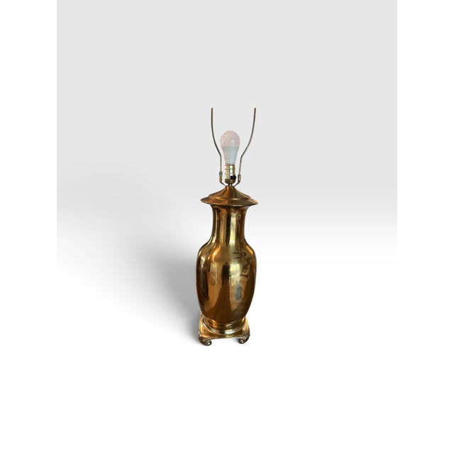 Hollywood Regency Vintage Hollywood Regency Polished Brass Urn Table Lamp With Scroll Feet, 35” For Sale - Image 3 of 7