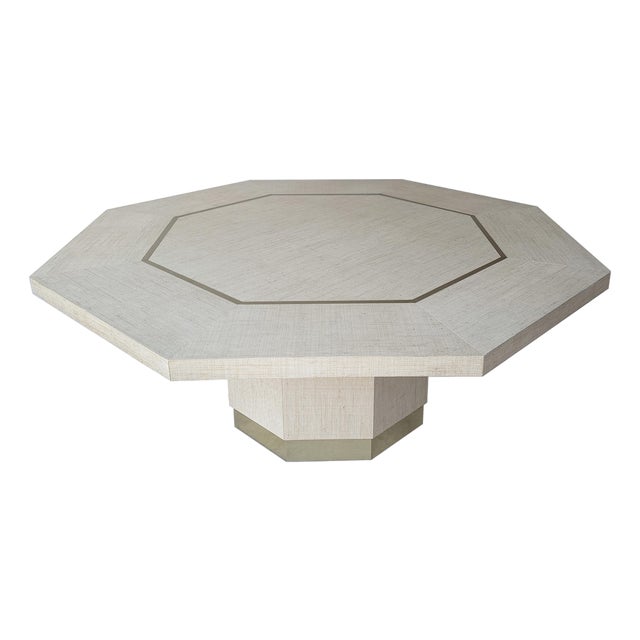 1970s Octagonal Grasscloth Dining Table With Brass Inlay - 8 Person For Sale