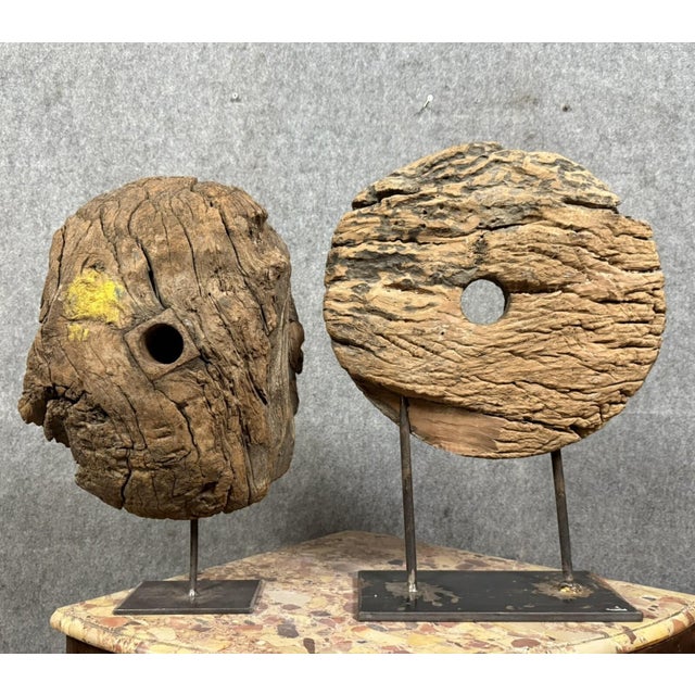Wooden Pulley Wheels Mounted on an Iron Base, 1800s, Set of 2 For Sale - Image 6 of 6