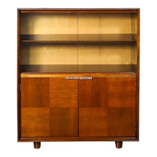 Art Deco Walnut Cabinet With Lucite Pulls & Glass Front by Gilbert Rohde For Sale