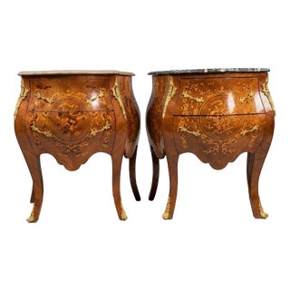 Mahogany and Kingwood Veneer Bombe Bedside Lockers with Marble Tops, Set of 2 For Sale