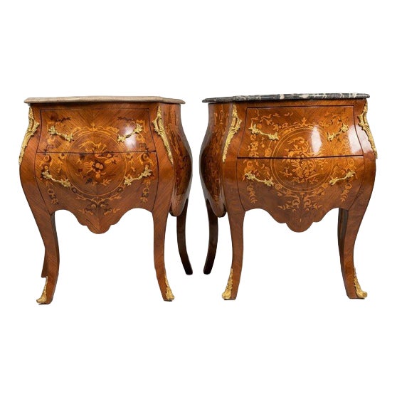 Mahogany and Kingwood Veneer Bombe Bedside Lockers with Marble Tops, Set of 2 For Sale