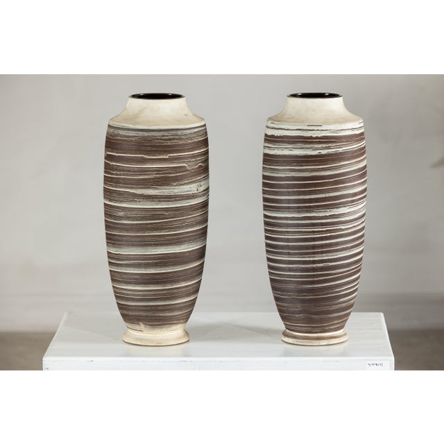 Late 20th Century Artisan Tall Ceramic Vase with Horizontal Striated Glaze, Sold Individually For Sale - Image 10 of 18