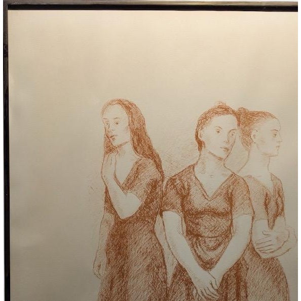 Wood 1960s Signed Moses Soyer Original Figurative Lithograph Three Women in Kulicke Frame For Sale - Image 7 of 11