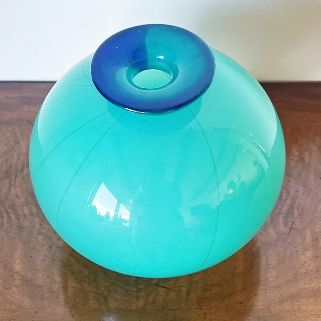 Contemporary Vintage Mouth-Blown Art Glass Round Bowl-Shaped Vase in Vibrant Blue, Signed For Sale - Image 3 of 6