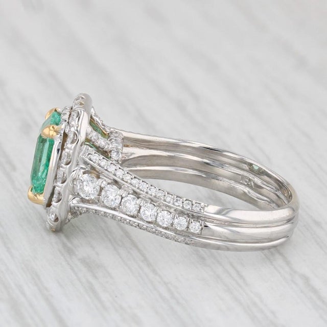 Modern 2.59ctw Emerald Diamond Halo Engagement Ring 18k White Gold Size 6 Gia For Sale - Image 3 of 8