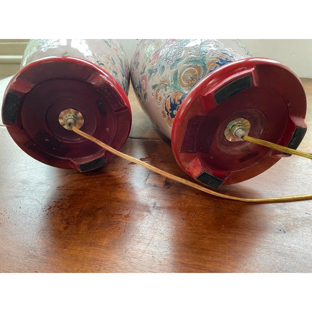 Pink Vintage Set of 2 Chinoiserie Table Lamps - Ginger Jar Lamps - Floral Porcelain Ceramic For Sale - Image 8 of 11