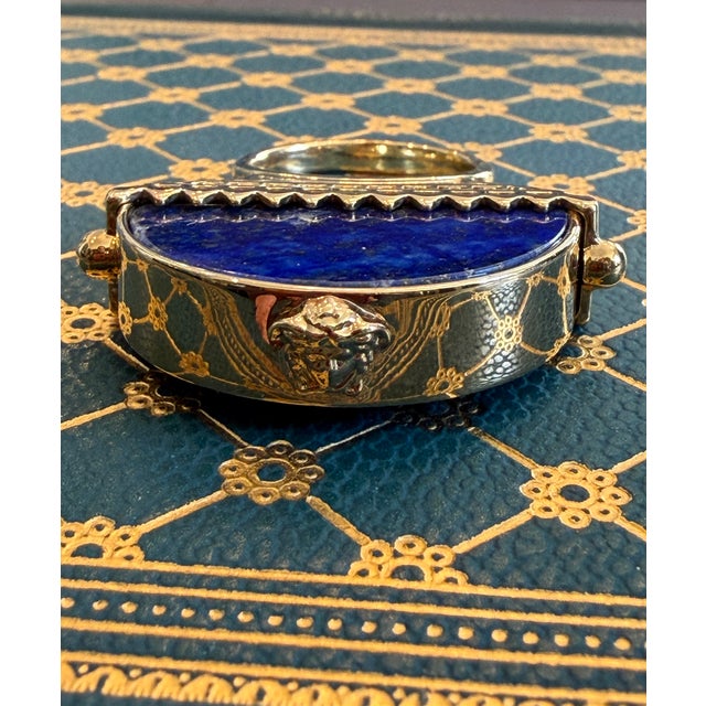 Early 21st Century Retro Versace Lapis Lazuli Domed Ring With Medusa Logo and Greek Key Detail, Size 8 For Sale - Image 5 of 17