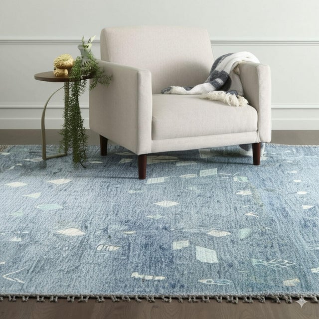 Marrakech Ocean Blue Hand-Knotted Wool Rug Carpet, Abstract Geometric Design For Sale - Image 4 of 7