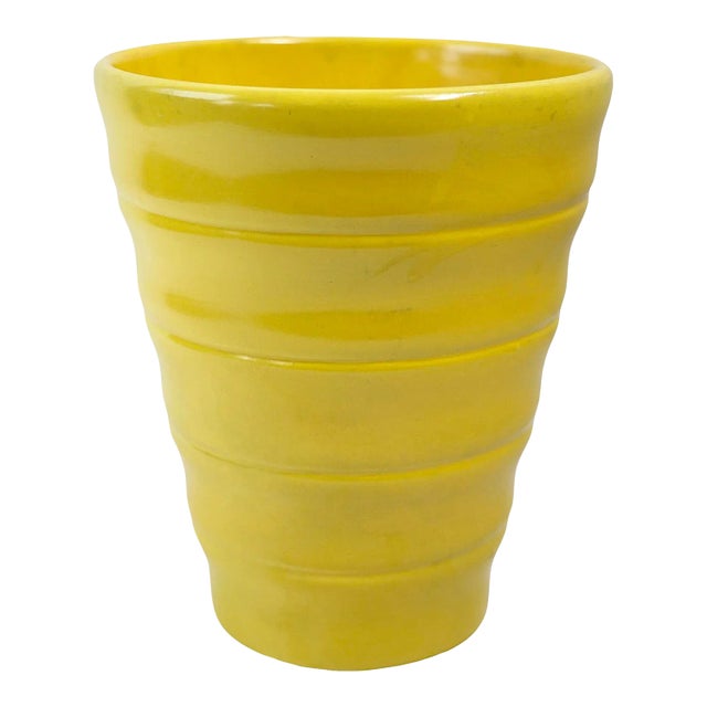 Mid Century Yellow Glaze Pottery Flower Vase Marked 715 For Sale