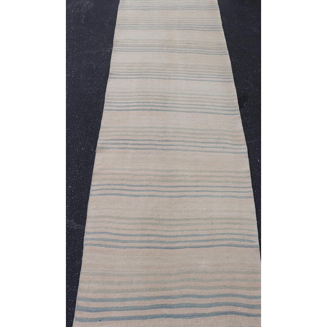 Stripe Design Turkish Vintage Kilim Runner in Shades of Ivory and Light Blue For Sale - Image 10 of 12