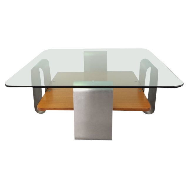 Square Coffee Table with 2 Trays in Teak & Steel, 1970s For Sale