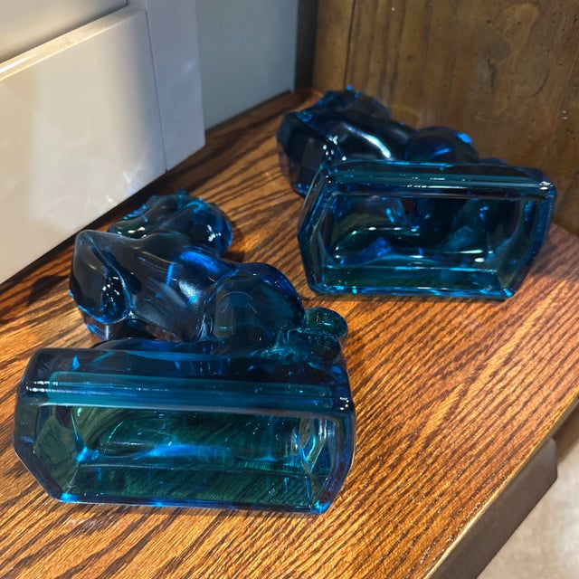 Glass Peacock Blue Glass Rearing Horse Statues From 1940’s Art Deco Mid Century For Sale - Image 7 of 10