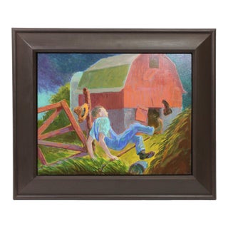 1990s Randall Berndt “The Farmer and the Storm” Painting on Board Wisconsin Artist For Sale