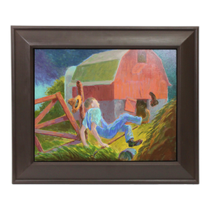 1990s Randall Berndt “The Farmer and the Storm” Painting on Board Wisconsin Artist