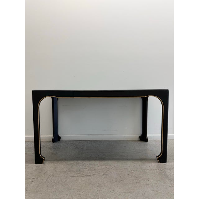 Contemporary Hickory White Modern Black Lacquer Console Desk With Brass Trim and Drawer For Sale - Image 3 of 12