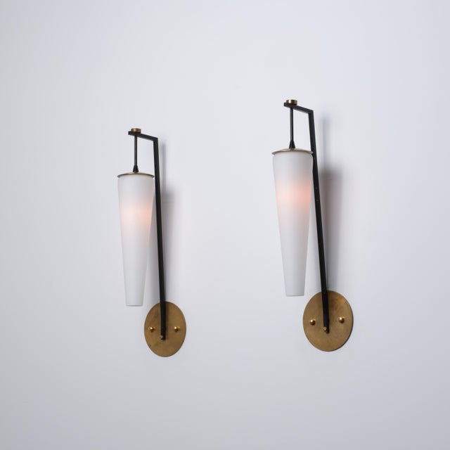 Large Italian Brass, Black Metal and Opaline Glass Sconces, 1950s, Set of 2 For Sale - Image 4 of 10