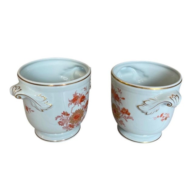 Ceramic Vintage Floral Porcelain Cachepots With Gilded Rococo Handles For Sale - Image 7 of 12