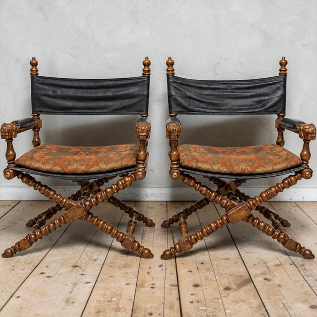Marge Carson Campaign Style Leather Carved Bobbin X-Frame Director Chairs Att. Marge Carson - Pair For Sale - Image 4 of 6