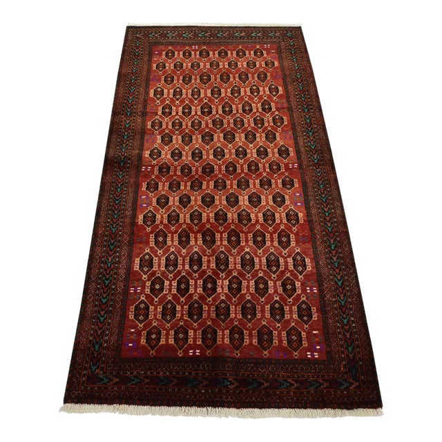 Baloch Rug 3’6” X 6’10” Red Wool Vintage Tribal Hand-Knotted Oriental Carpet For Sale