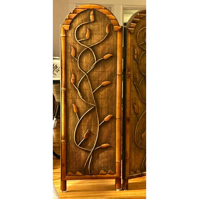 Hollywood Regency Bamboo Rattan Organic Bohemian Folding Screen Room Divider Reversible For Sale - Image 3 of 8