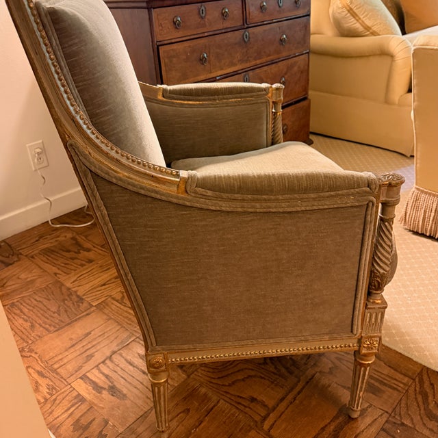 Early 20th Century Vintage Velvet Armchair With Green Wash and Gilt Carved Frame For Sale - Image 5 of 9
