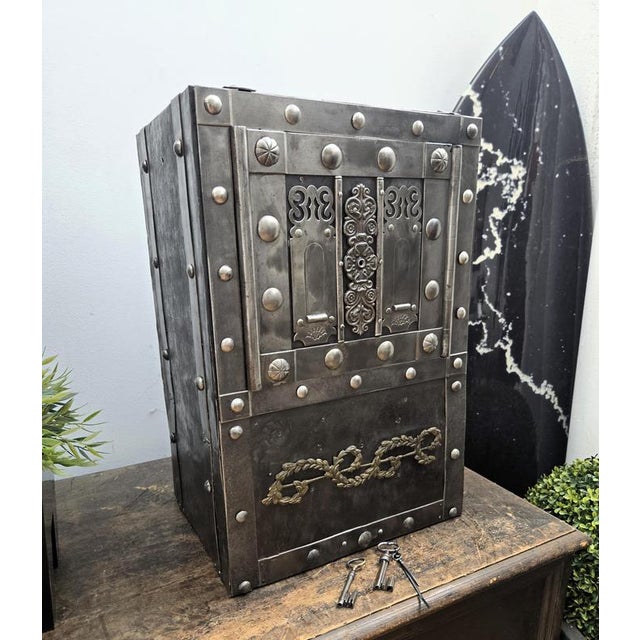 Metal Antique Italian Wrought Iron Hobnail Safe Strong Box or Bar Cabinet, 18th Century For Sale - Image 7 of 10