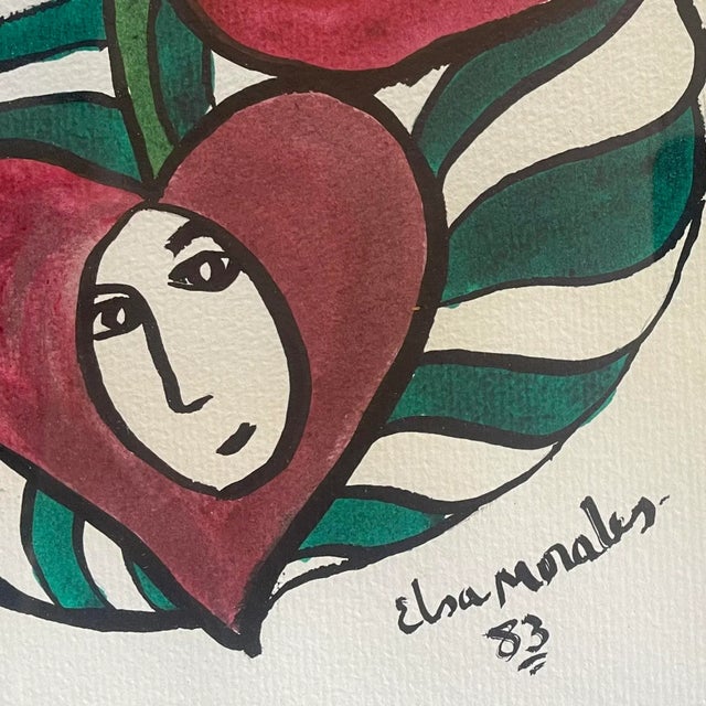 Elsa Morales Vintage Abstract Hearts Painting, Signed & Framed For Sale - Image 4 of 5