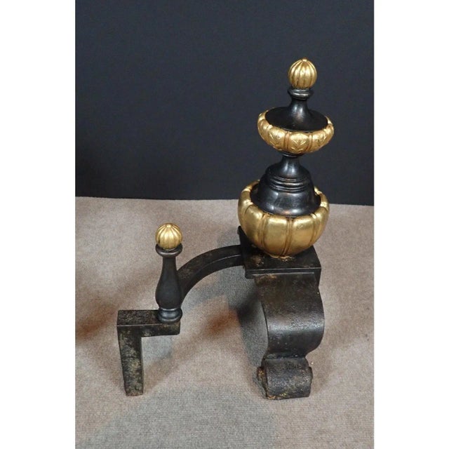 Mid 19th Century Pair of 19th-Century French Neoclassical Black and Gilt Chenets / Andirons For Sale - Image 5 of 9