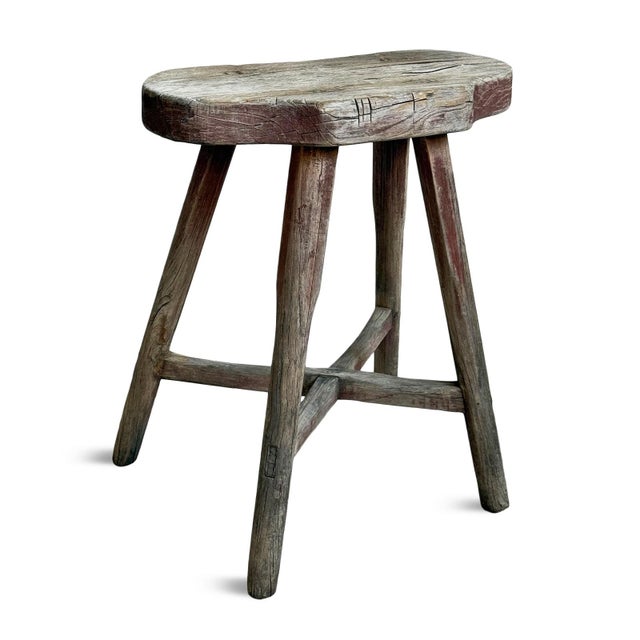 Vintage Elm Wood Rustic Asian Village Stool For Sale - Image 4 of 6