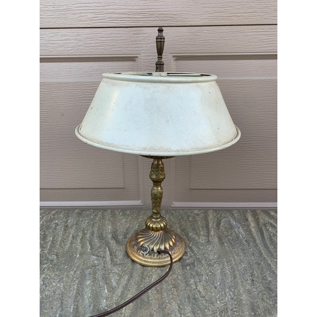 Mid-20th Century Neoclassical Brass Lamp With White Tole Shade For Sale In South Bend - Image 6 of 9