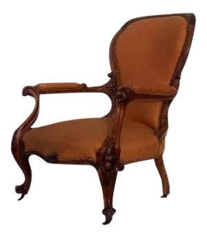Carved Walnut Early Victorian Armchair Leather