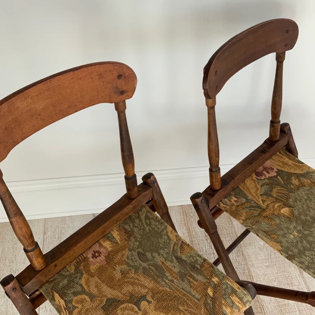 Early 20th Century Antique Tapestry Folding Campaign Chairs - a Pair For Sale - Image 5 of 12