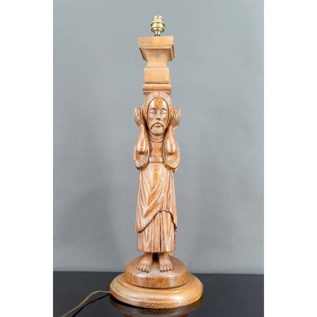 Gothic Revival Medieval Style Pilaster Lamp in Carved Oak, France, 20th Century For Sale - Image 6 of 10