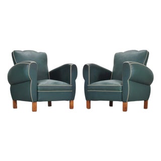 Pair of 20th Century French Art Deco Period Green Club Chairs For Sale