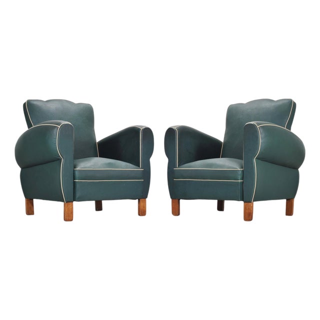Pair of 20th Century French Art Deco Period Green Club Chairs For Sale
