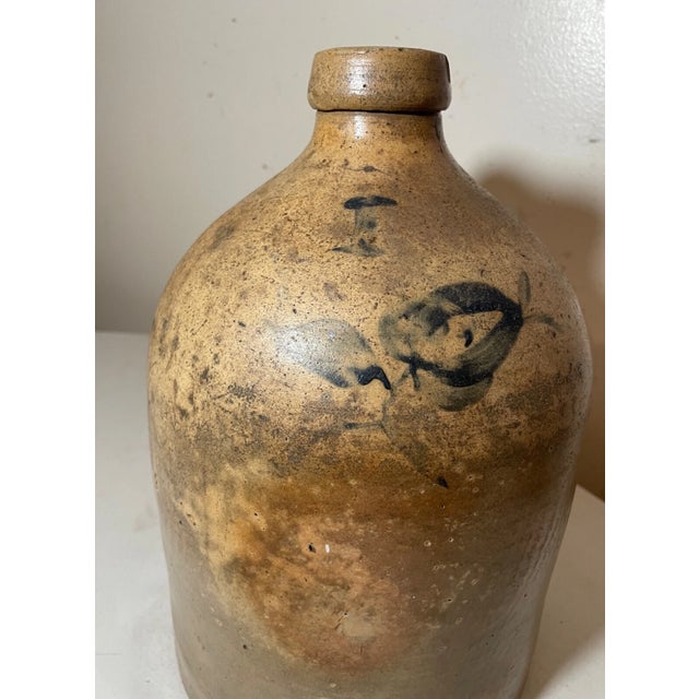 19th Century Antique 1800's Handmade Stoneware Salt Glazed Cobalt Pottery Jug Vase W/ Handle For Sale - Image 5 of 10