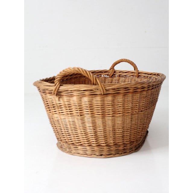 Antique Wicker Laundry Basket With Handles For Sale - Image 6 of 12