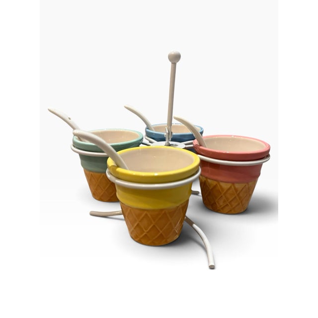Mid-Century Modern Vintage Hand Painted Rotating Ice Cream Cone Dessert Caddy With Spoons - 9 pcs For Sale - Image 3 of 5