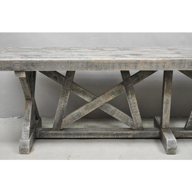 Traditional Late 20th Century Primitive Rustic 72" Long Wooden Distressed Gray Wash Criss Cross Trestle Bench For Sale - Image 3 of 12