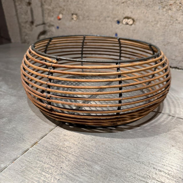 Farmhouse Round Wicker Metal Wrapped Basket Farmhouse Rustic Desig For Sale - Image 3 of 9