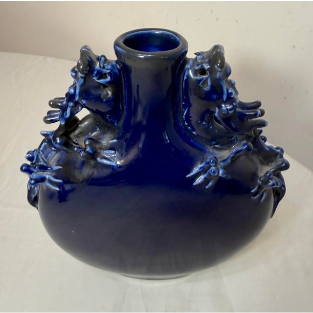 Chinese Vintage Handmade Chinese Cobalt Blue Moon Dragon Porcelain Pottery Figural Vase For Sale - Image 3 of 10