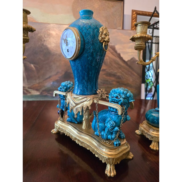 Antique Chinese Porcelain Bronze Clock Set For Sale - Image 15 of 16