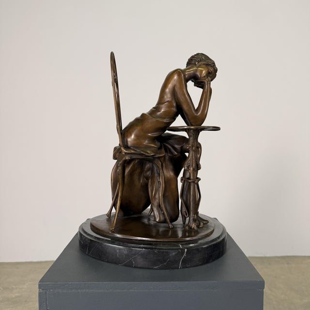Late 20th Century Art Nouveau Parisienne Lady Bronze, Seated at Café Table on Marble – 14” Tall For Sale - Image 5 of 11