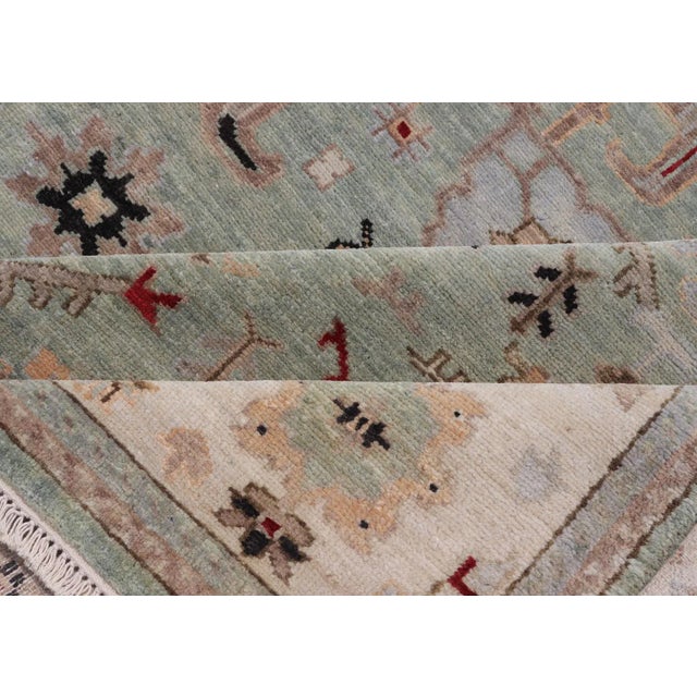 Indian Hand-Knotted Wool Oushak Rug in Turquoise, Cream, and Red For Sale - Image 10 of 12